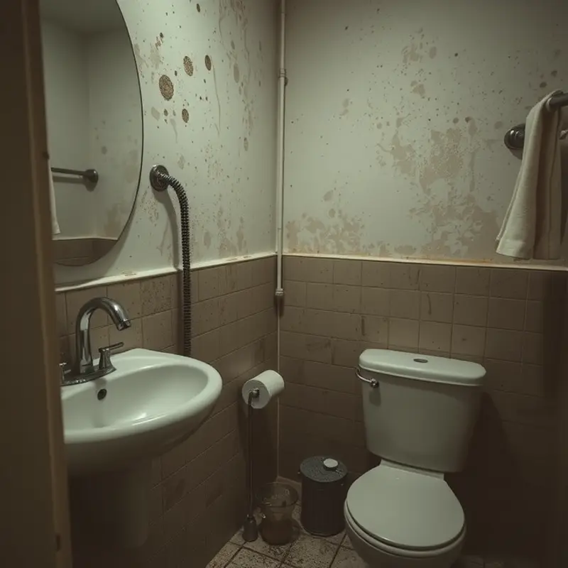 Visible signs of mold, including dark spots in a well-lit bathroom.