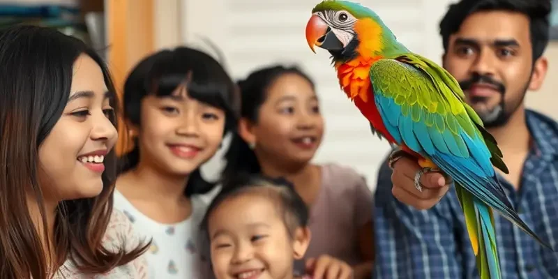 An apartment scene with children and birds happily interacting, exemplifying the joy of cohabitation.