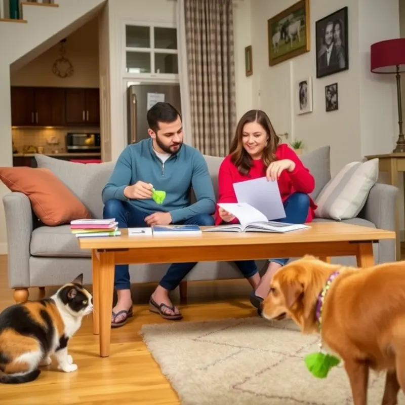 A family budgeting for pet expenses in a comfortable apartment.