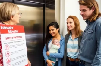 Community members entering a building with a well-maintained elevator.