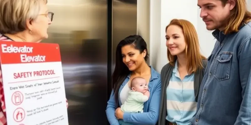 Community members entering a building with a well-maintained elevator.