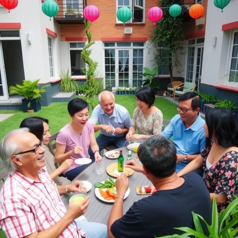 Neighbors enjoying a community potluck and social event.