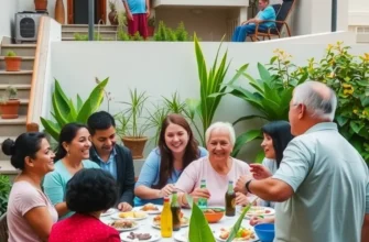Diverse apartment residents enjoying community life, interacting in a sunny outdoor area filled with greenery.
