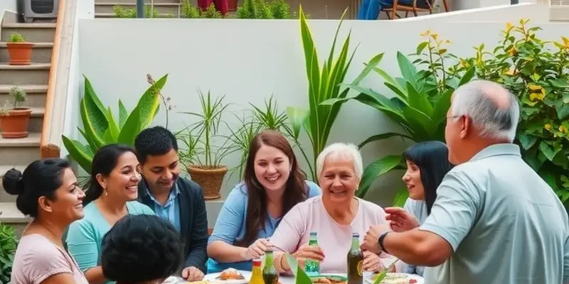 Diverse apartment residents enjoying community life, interacting in a sunny outdoor area filled with greenery.