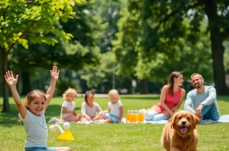 A picturesque view of an apartment complex next to a busy park with families and pets.