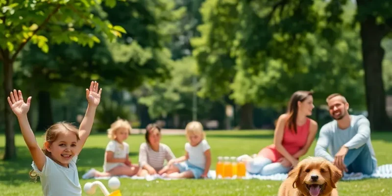 A picturesque view of an apartment complex next to a busy park with families and pets.