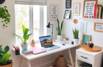 A modern apartment workspace with a colorful DIY desk and decorative elements reflecting creativity.
