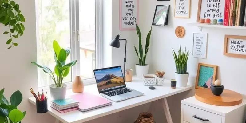 A modern apartment workspace with a colorful DIY desk and decorative elements reflecting creativity.