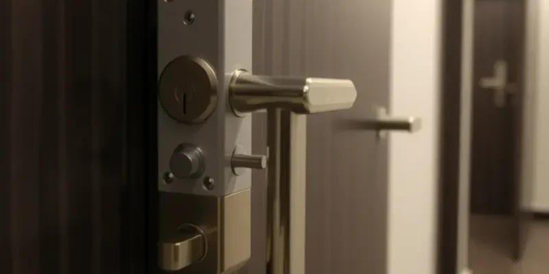 A safe apartment entrance with a secure door and warm lighting, conveying a sense of security and welcome.