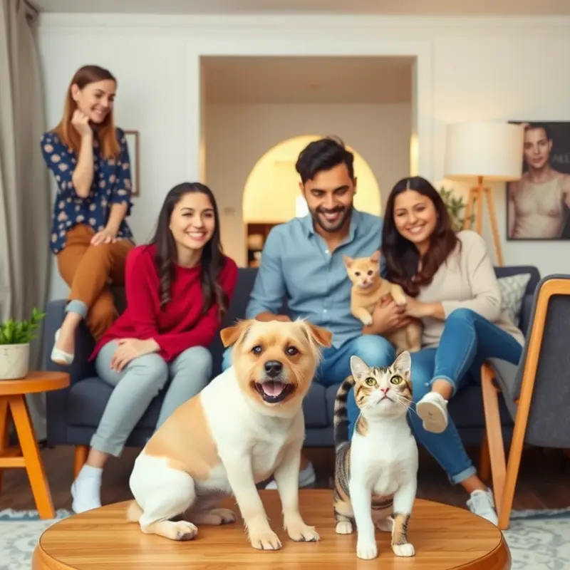 A happy family enjoying life in their pet-friendly apartment with a small dog and cat.