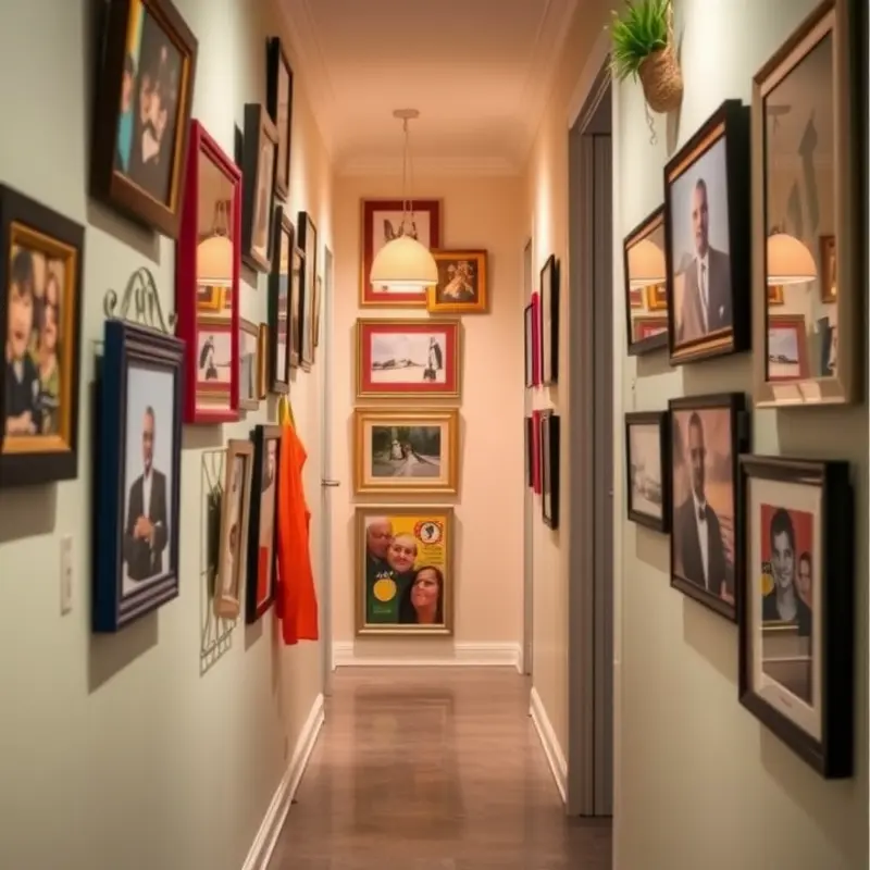 A gallery wall showcasing personal art and photographs creates a warm atmosphere in the hallway.