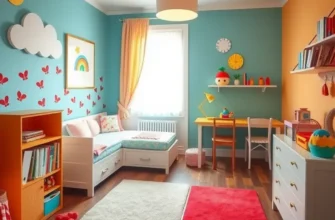 A stylishly decorated kids' room in an apartment featuring vibrant decor and functional furniture for children and pets.