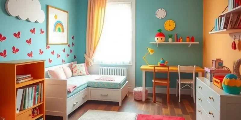 A stylishly decorated kids' room in an apartment featuring vibrant decor and functional furniture for children and pets.