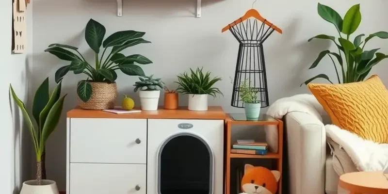 A family-friendly apartment showcasing a litter box seamlessly blended into the decor.