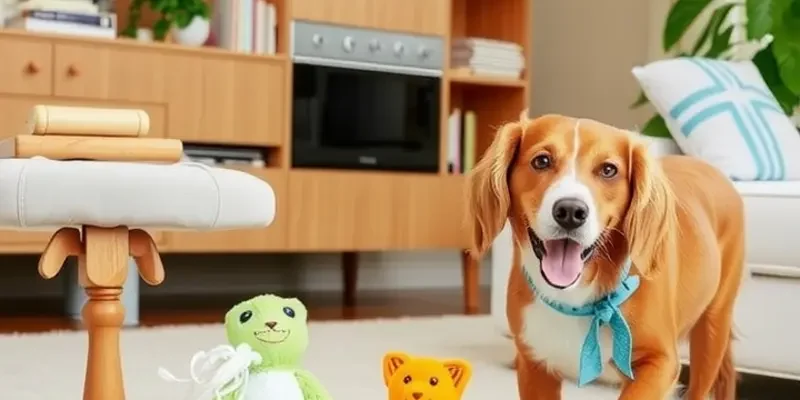 A child playing with a dog surrounded by safe toys in a comfortable apartment.