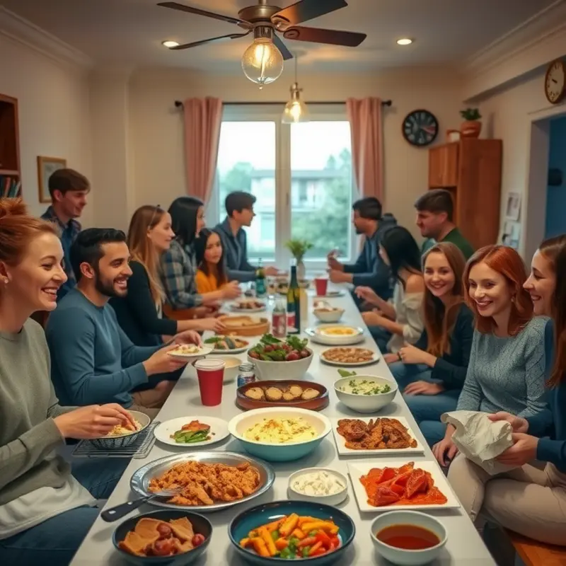 A vibrant potluck dinner that fosters friendship and community in an apartment.