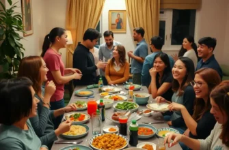 An apartment gathering with diverse individuals enjoying food and fun together, creating a communal atmosphere.