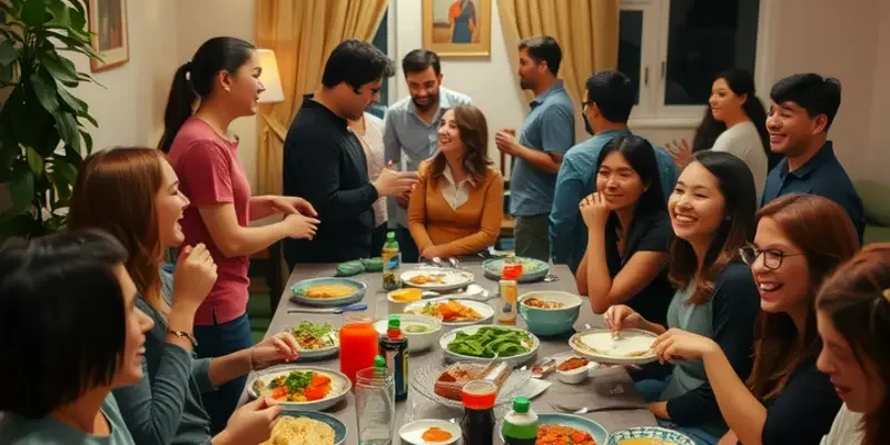 An apartment gathering with diverse individuals enjoying food and fun together, creating a communal atmosphere.