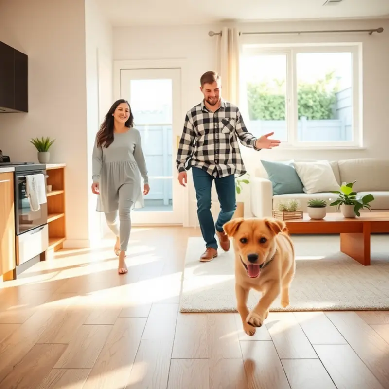 A family touring a pet-friendly apartment, highlighting the joy of finding a new home for them and their puppy.