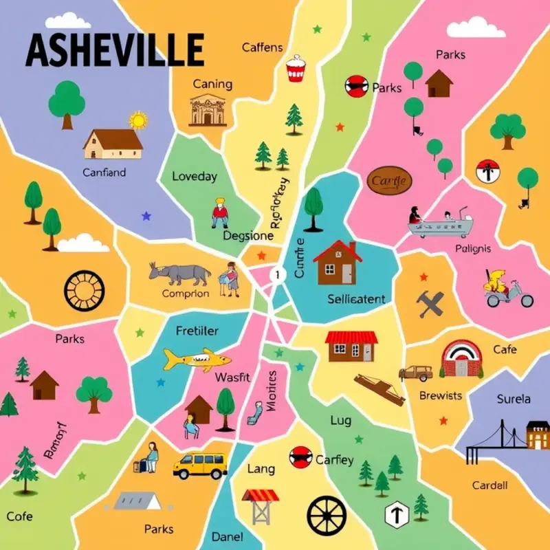 A detailed map highlighting the diverse neighborhoods of Asheville.