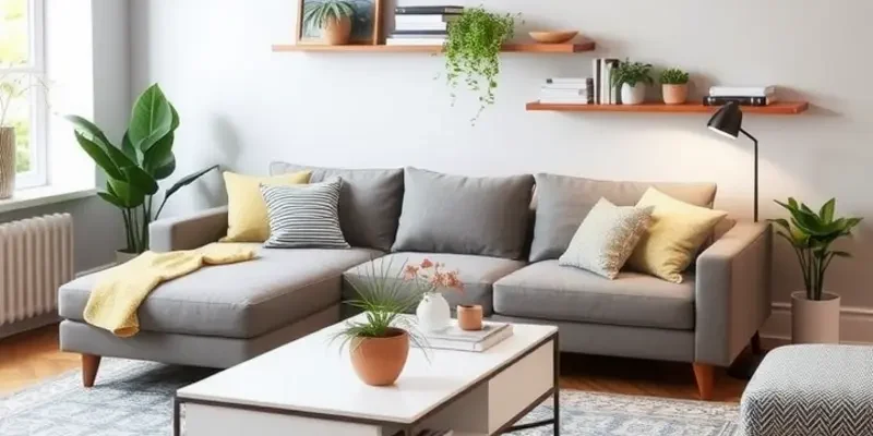 Apartment showcasing creatively arranged multifunctional furniture and decorative accents.