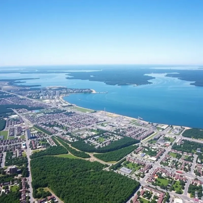 Aerial view of Burlington, VT highlighting its blend of city and nature.