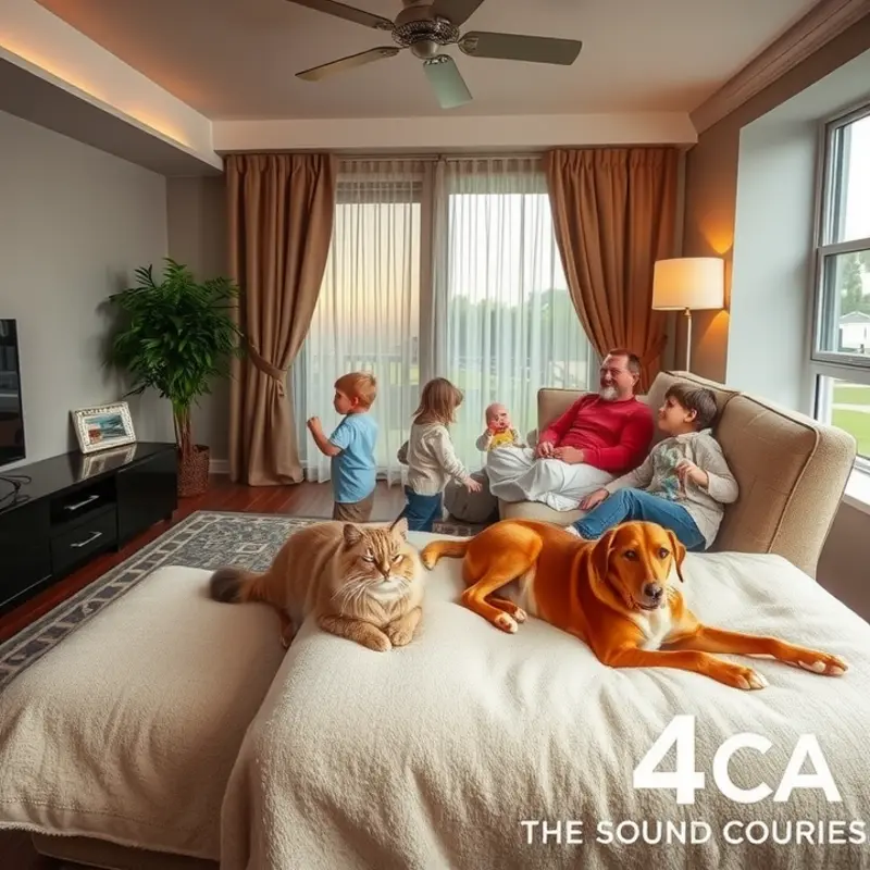 A peaceful apartment scene showcasing soundproofing and calming design elements for pets.