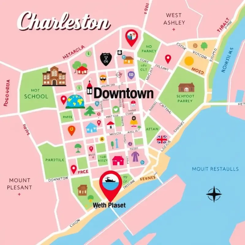 A colorful map showcasing various neighborhoods in Charleston, each tailored for different lifestyles.