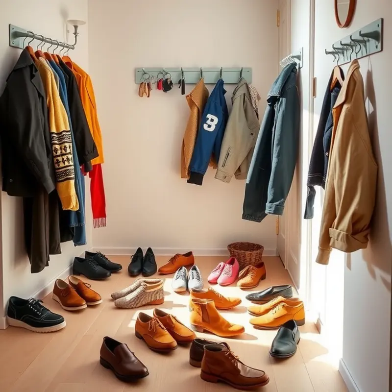 A cheerful yet cluttered apartment entryway showcasing typical challenges.