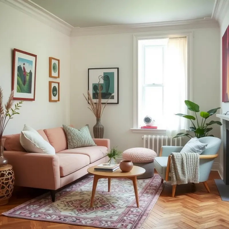A vibrant, color-infused small living space with cozy textures and wall decor.