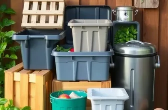 Completed compost bin surrounded by blooming plants in a garden.