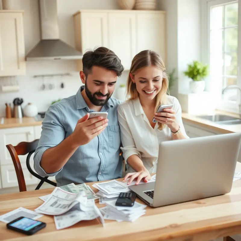 Couple using budgeting apps to manage their expenses.