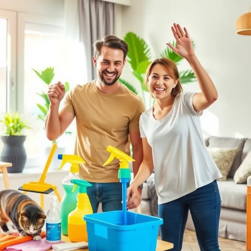 A couple making cleaning a joyful shared activity.