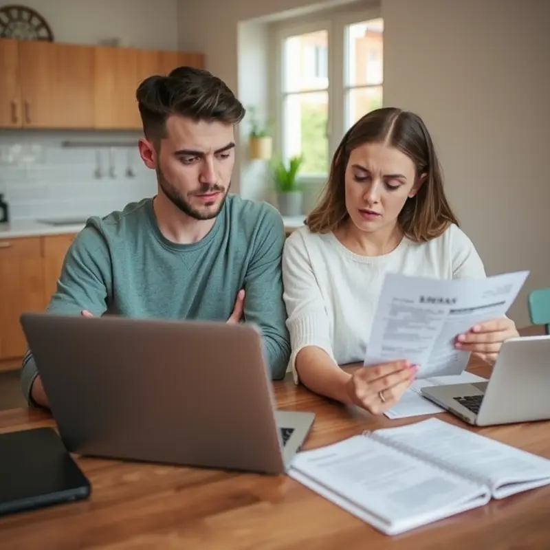 A young couple reviewing their lease agreements.