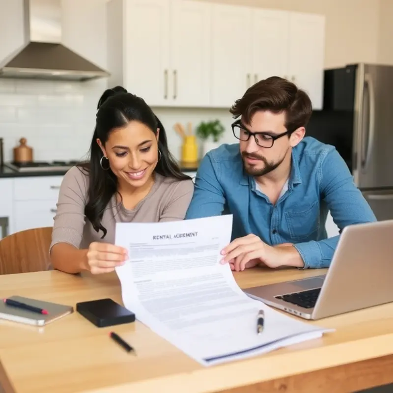 A couple examining their rental agreement and discussing the security deposit.