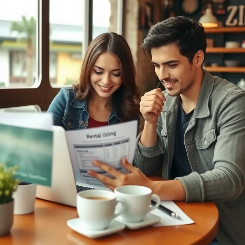 Young couple researching rental properties at a coffee shop.