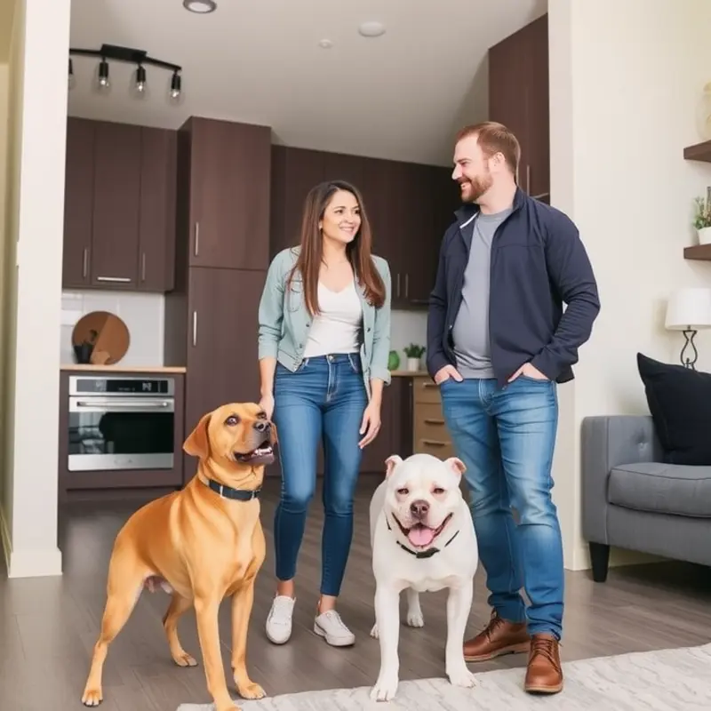 A happy family enjoying life in their pet-friendly apartment with a small dog and cat.