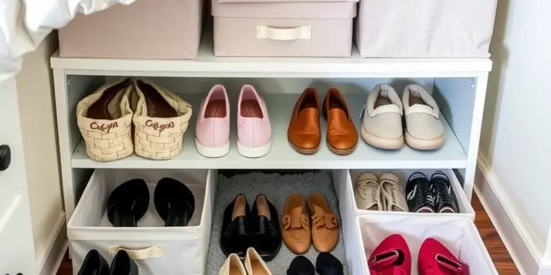 A collection of DIY shoe storage solutions showcased in a stylish apartment setting.