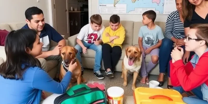A family discussing their emergency plan in a sunny apartment setup.