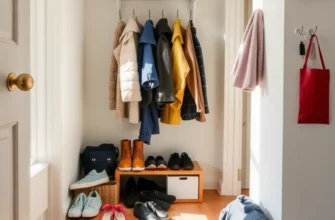 An inviting entryway with stylish decor and organized storage.