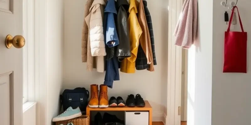 An inviting entryway with stylish decor and organized storage.