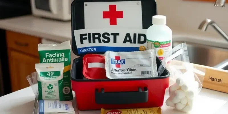A welcoming apartment living room with a first aid kit and safety checklist, highlighting the importance of readiness.