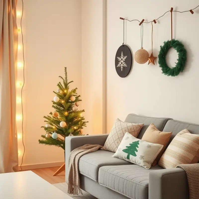 A stylish and compact apartment decorated for the holidays with seasonal cheer.