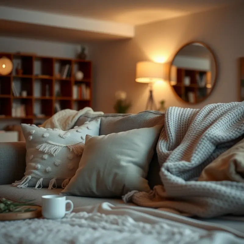 A cozy apartment scene with soft lighting and inviting textiles.