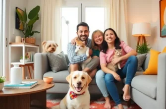 A warm apartment living room showcasing family life with pets.