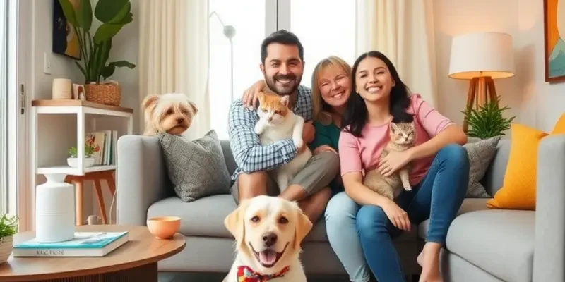 A warm apartment living room showcasing family life with pets.