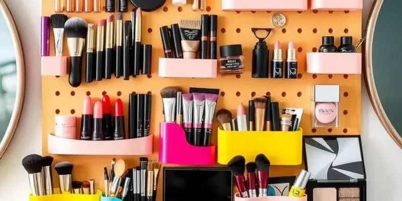 A colorful apartment corner with organized DIY makeup storage solutions.