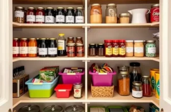 A cozy apartment pantry filled with colorful containers and fresh produce, showcasing organized shelves.