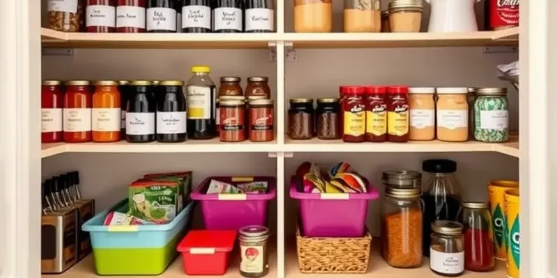 A cozy apartment pantry filled with colorful containers and fresh produce, showcasing organized shelves.