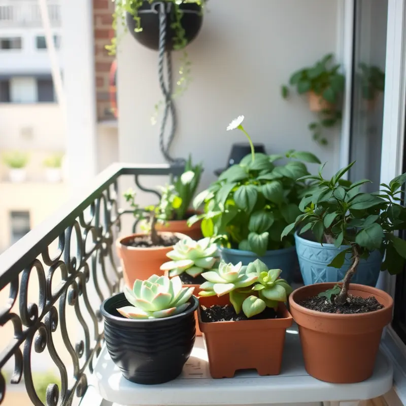 A vibrant balcony garden showcasing diverse plants in an apartment setting.